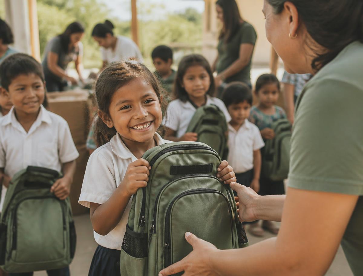 Students receiving donated backpacks